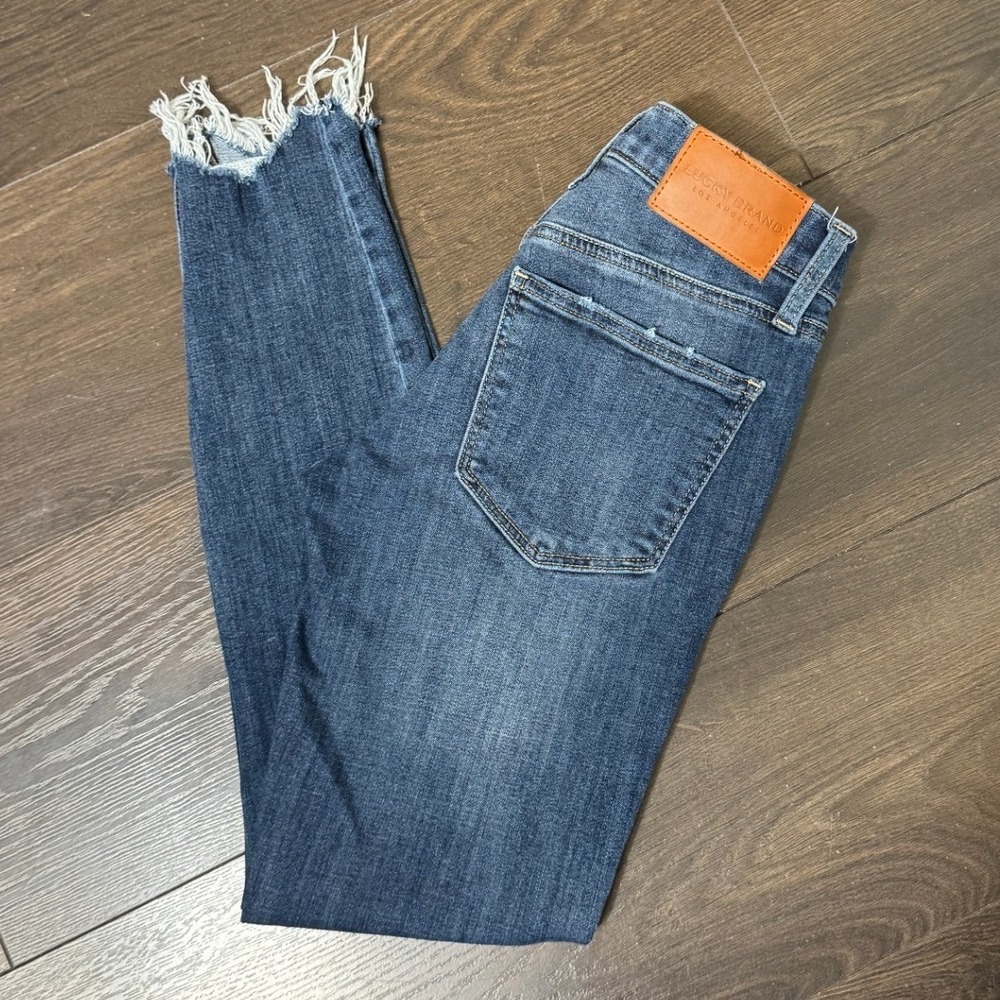 Lucky Brand Ava Mid Rise Skinny Jeans Dark Wash Raw Hem Ankle 0 25 Stretch